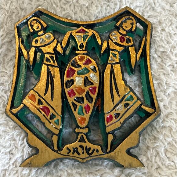 Vintage Enameled Brass Napkin Holder Egyptian Ladies with Pottery - Picture 3 of 9
